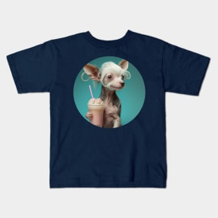 Cute Kawaii Chinese Crested Drinking Bubble Tea - Adorable Dog Lover's Design for Tea Enthusiasts Kids T-Shirt